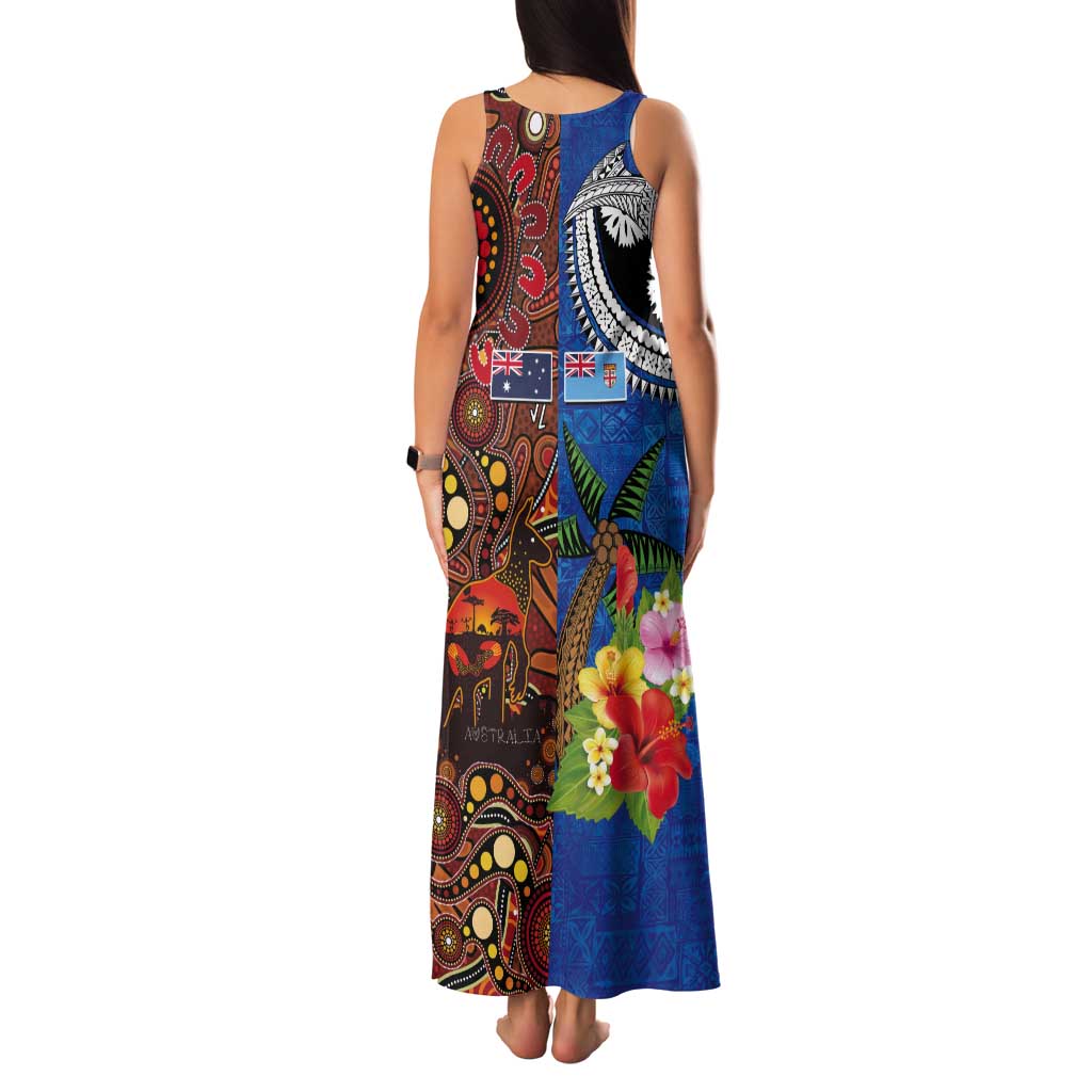 Fiji and Australia Together Tank Maxi Dress Fijian Tapa Plants with Kangaroo and Aboriginal - Polynesian Pride
