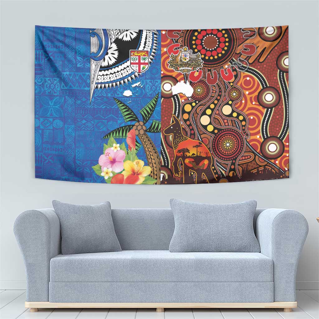Fiji and Australia Together Tapestry Fijian Tapa Plants with Kangaroo and Aboriginal - Polynesian Pride