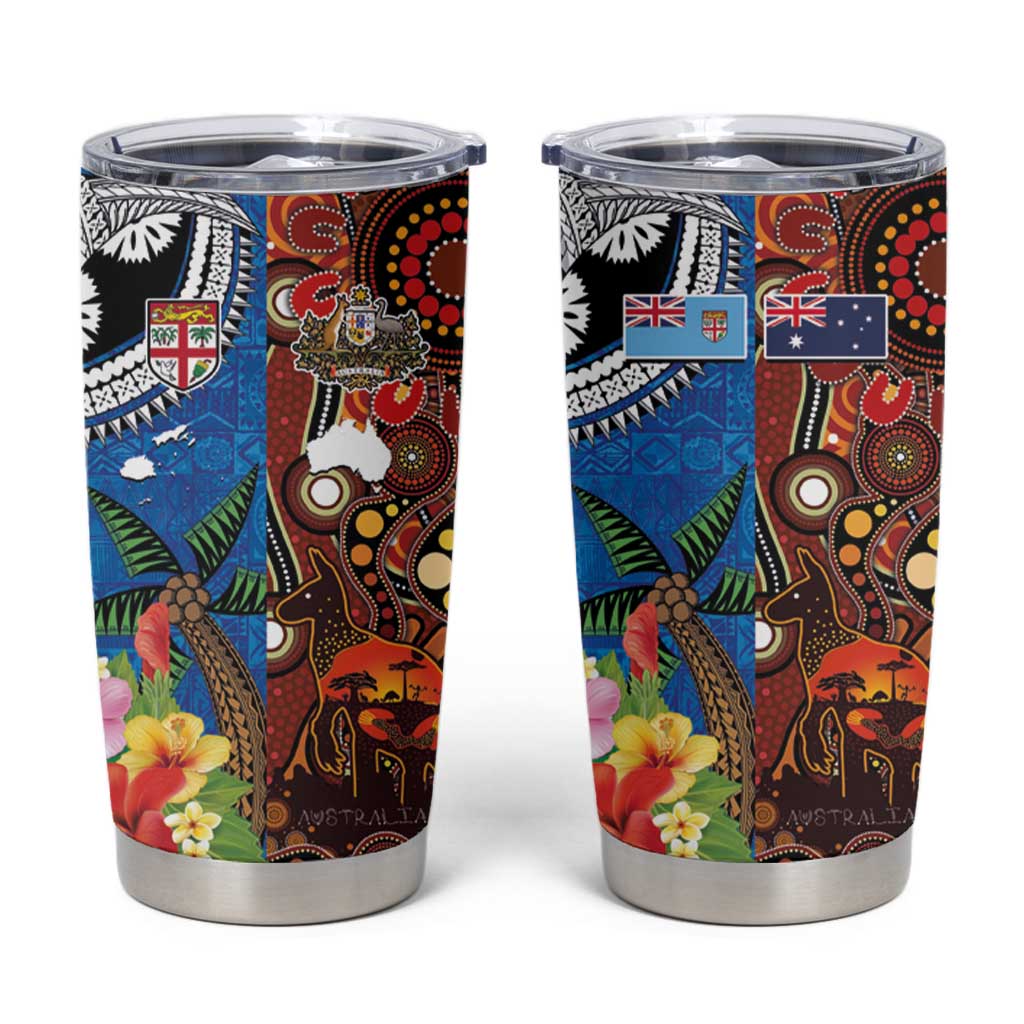 Fiji and Australia Together Tumbler Cup Fijian Tapa Plants with Kangaroo and Aboriginal - Polynesian Pride