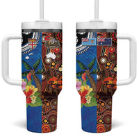 Fiji and Australia Together Tumbler With Handle Fijian Tapa Plants with Kangaroo and Aboriginal - Polynesian Pride