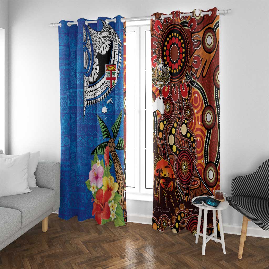 Fiji and Australia Together Window Curtain Fijian Tapa Plants with Kangaroo and Aboriginal - Polynesian Pride