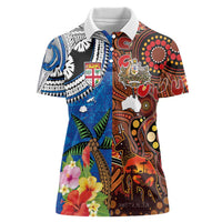 Fiji and Australia Together Women Polo Shirt Fijian Tapa Plants with Kangaroo and Aboriginal - Polynesian Pride