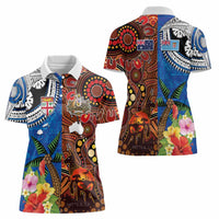 Fiji and Australia Together Women Polo Shirt Fijian Tapa Plants with Kangaroo and Aboriginal - Polynesian Pride