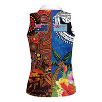 Fiji and Australia Together Women Sleeveless Polo Shirt Fijian Tapa Plants with Kangaroo and Aboriginal - Polynesian Pride