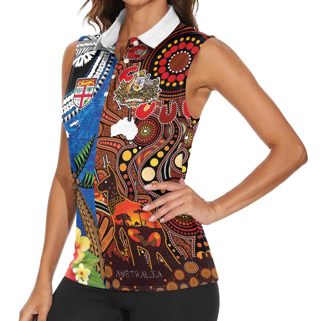 Fiji and Australia Together Women Sleeveless Polo Shirt Fijian Tapa Plants with Kangaroo and Aboriginal - Polynesian Pride