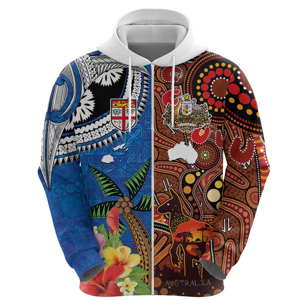 Fiji and Australia Together Zip Hoodie Fijian Tapa Plants with Kangaroo and Aboriginal - Polynesian Pride