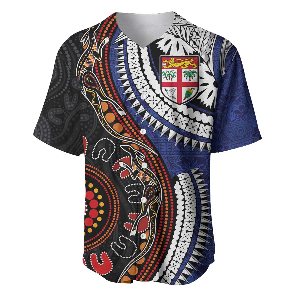 Fiji and Australia Together Baseball Jersey Kangaroo Aboriginal with Tribal Tapa Hibiscus Half Style - Polynesian Pride