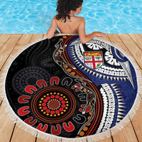 Fiji and Australia Together Beach Blanket Kangaroo Aboriginal with Tribal Tapa Hibiscus Half Style - Polynesian Pride