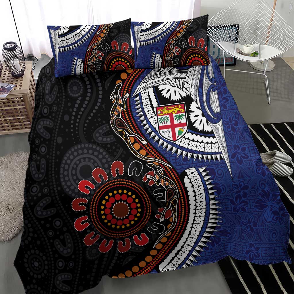 Fiji and Australia Together Bedding Set Kangaroo Aboriginal with Tribal Tapa Hibiscus Half Style - Polynesian Pride