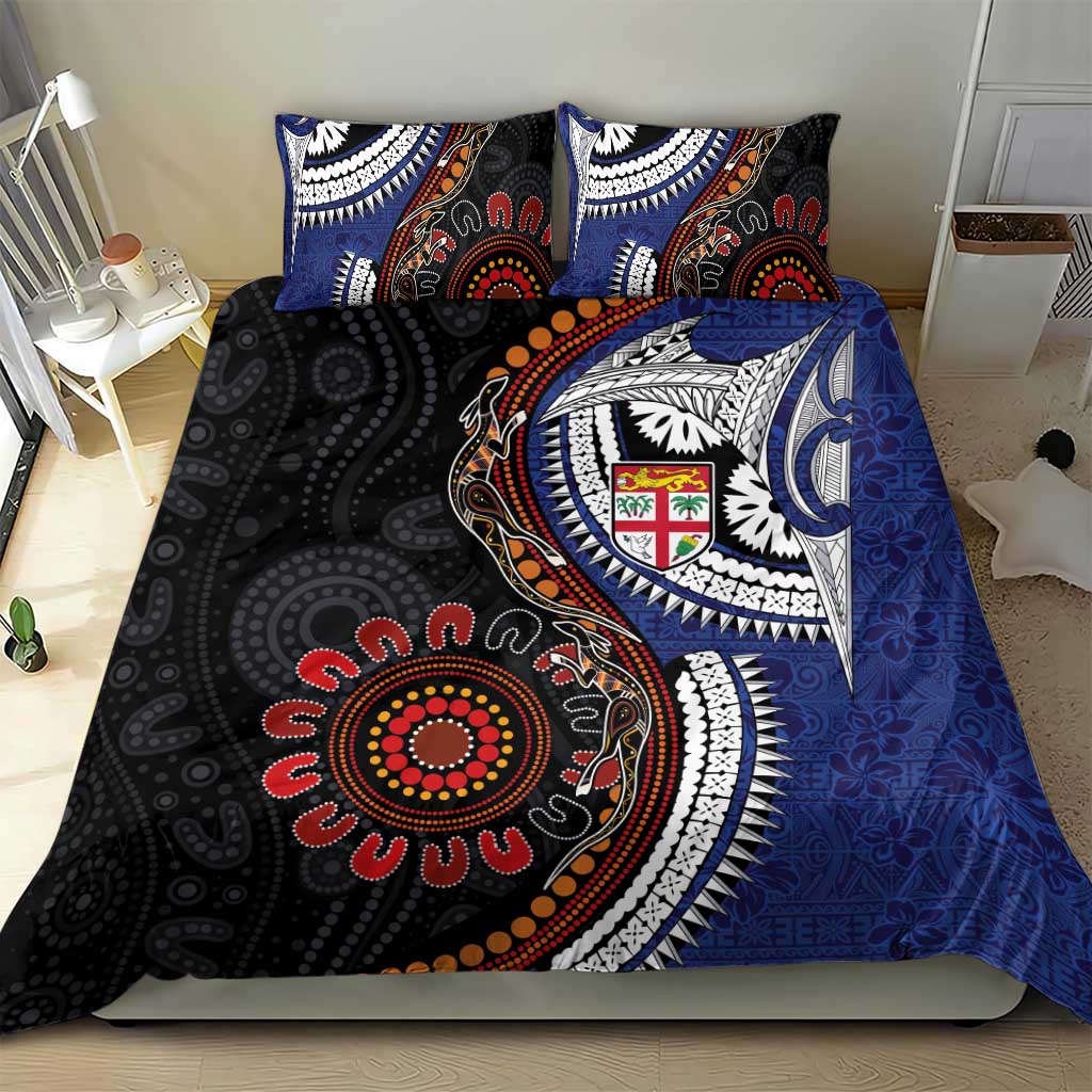 Fiji and Australia Together Bedding Set Kangaroo Aboriginal with Tribal Tapa Hibiscus Half Style - Polynesian Pride