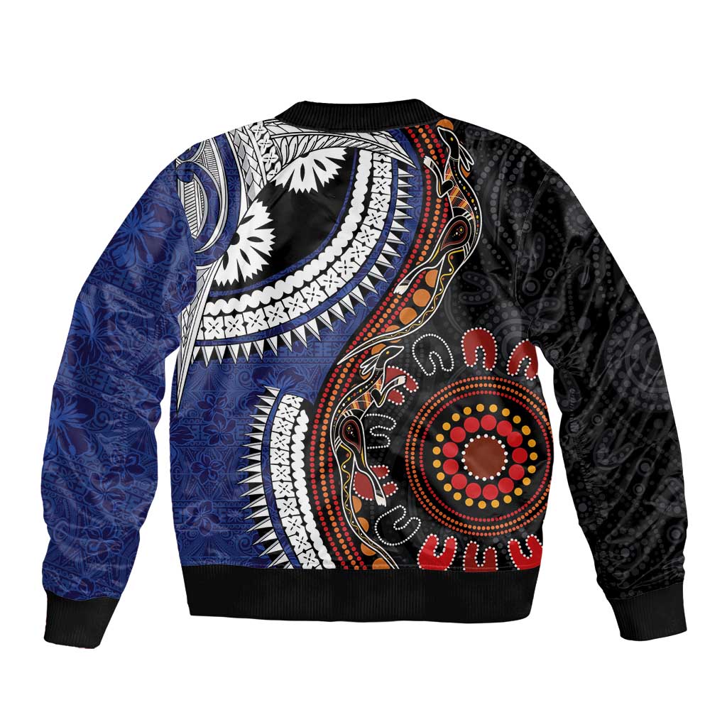 Fiji and Australia Together Bomber Jacket Kangaroo Aboriginal with Tribal Tapa Hibiscus Half Style - Polynesian Pride