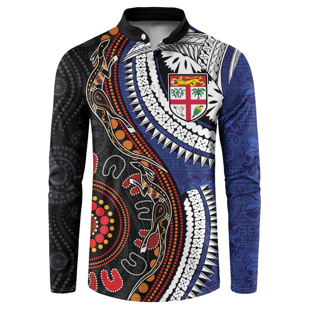 Fiji and Australia Together Button Sweatshirt Kangaroo Aboriginal with Tribal Tapa Hibiscus Half Style - Polynesian Pride