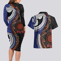 Fiji and Australia Together Couples Matching Long Sleeve Bodycon Dress and Hawaiian Shirt Kangaroo Aboriginal with Tribal Tapa Hibiscus Half Style - Polynesian Pride
