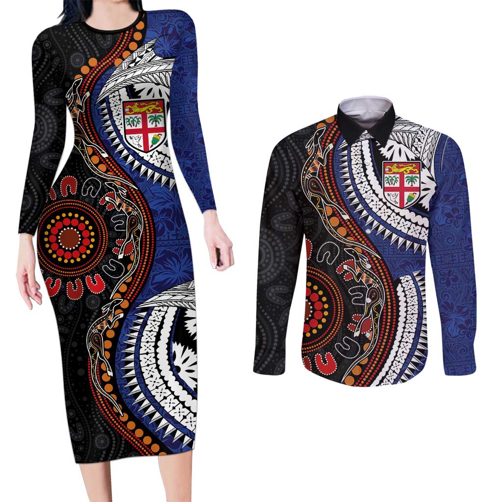 Fiji and Australia Together Couples Matching Long Sleeve Bodycon Dress and Long Sleeve Button Shirt Kangaroo Aboriginal with Tribal Tapa Hibiscus Half Style - Polynesian Pride