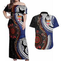 Fiji and Australia Together Couples Matching Off Shoulder Maxi Dress and Hawaiian Shirt Kangaroo Aboriginal with Tribal Tapa Hibiscus Half Style - Polynesian Pride
