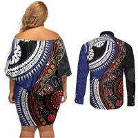 Fiji and Australia Together Couples Matching Off Shoulder Short Dress and Long Sleeve Button Shirt Kangaroo Aboriginal with Tribal Tapa Hibiscus Half Style - Polynesian Pride