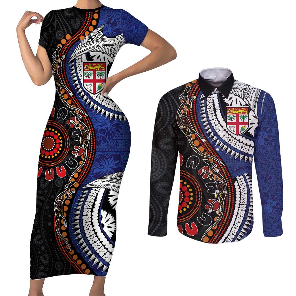 Fiji and Australia Together Couples Matching Short Sleeve Bodycon Dress and Long Sleeve Button Shirt Kangaroo Aboriginal with Tribal Tapa Hibiscus Half Style - Polynesian Pride