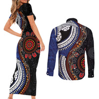 Fiji and Australia Together Couples Matching Short Sleeve Bodycon Dress and Long Sleeve Button Shirt Kangaroo Aboriginal with Tribal Tapa Hibiscus Half Style - Polynesian Pride