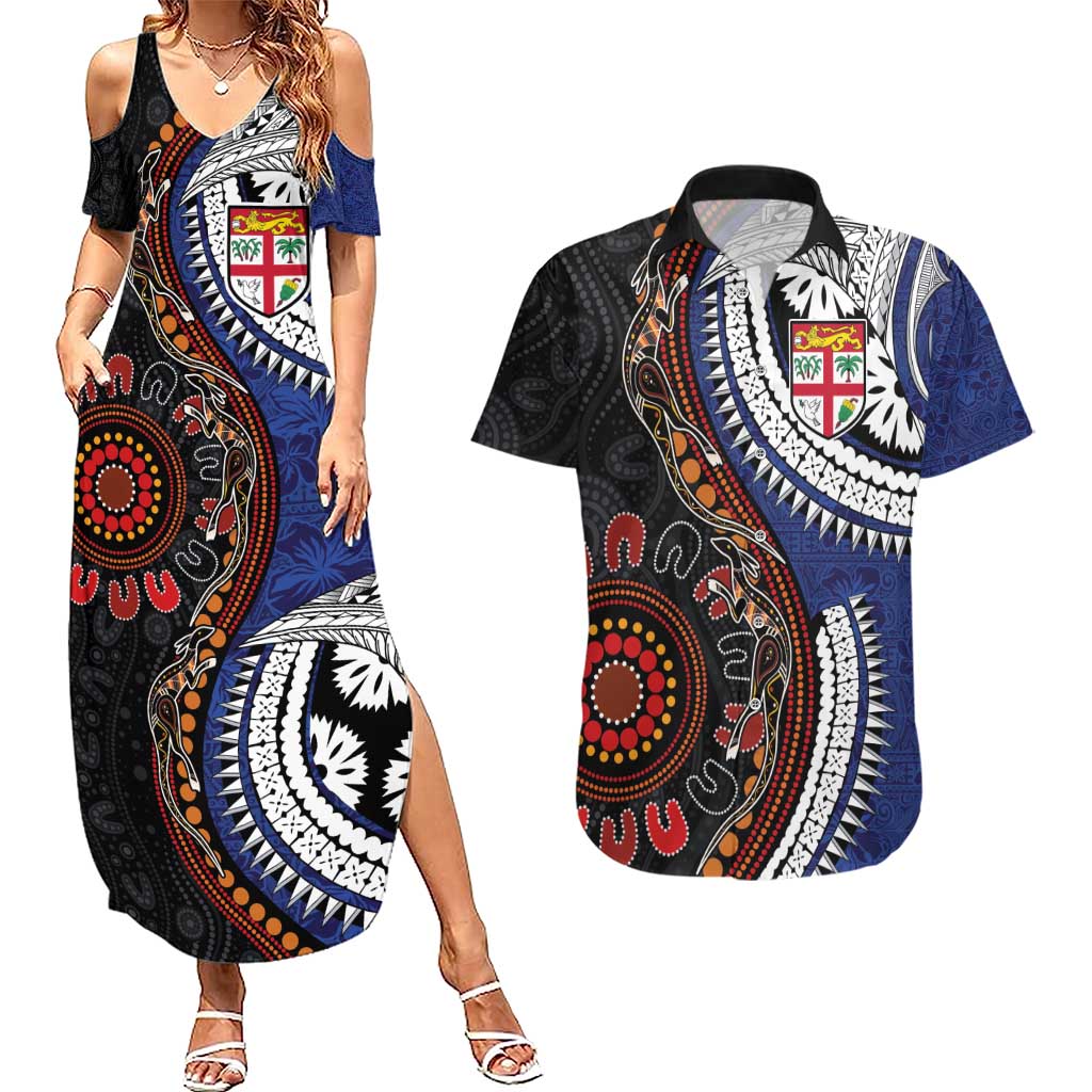 Fiji and Australia Together Couples Matching Summer Maxi Dress and Hawaiian Shirt Kangaroo Aboriginal with Tribal Tapa Hibiscus Half Style - Polynesian Pride