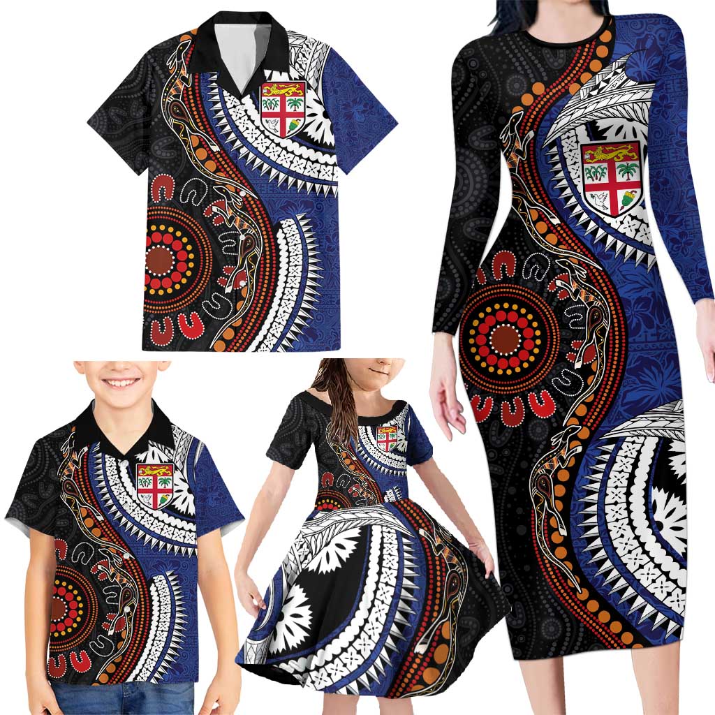 Fiji and Australia Together Family Matching Long Sleeve Bodycon Dress and Hawaiian Shirt Kangaroo Aboriginal with Tribal Tapa Hibiscus Half Style - Polynesian Pride