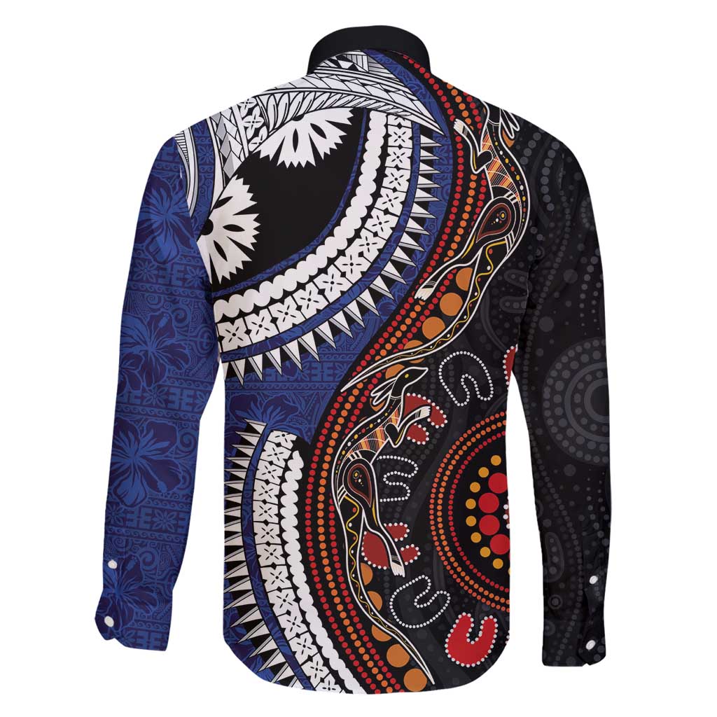 Fiji and Australia Together Family Matching Long Sleeve Bodycon Dress and Hawaiian Shirt Kangaroo Aboriginal with Tribal Tapa Hibiscus Half Style - Polynesian Pride
