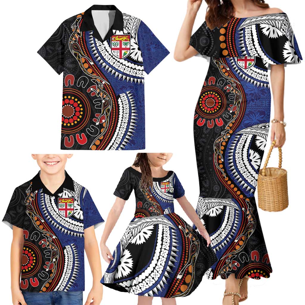 Fiji and Australia Together Family Matching Mermaid Dress and Hawaiian Shirt Kangaroo Aboriginal with Tribal Tapa Hibiscus Half Style - Polynesian Pride