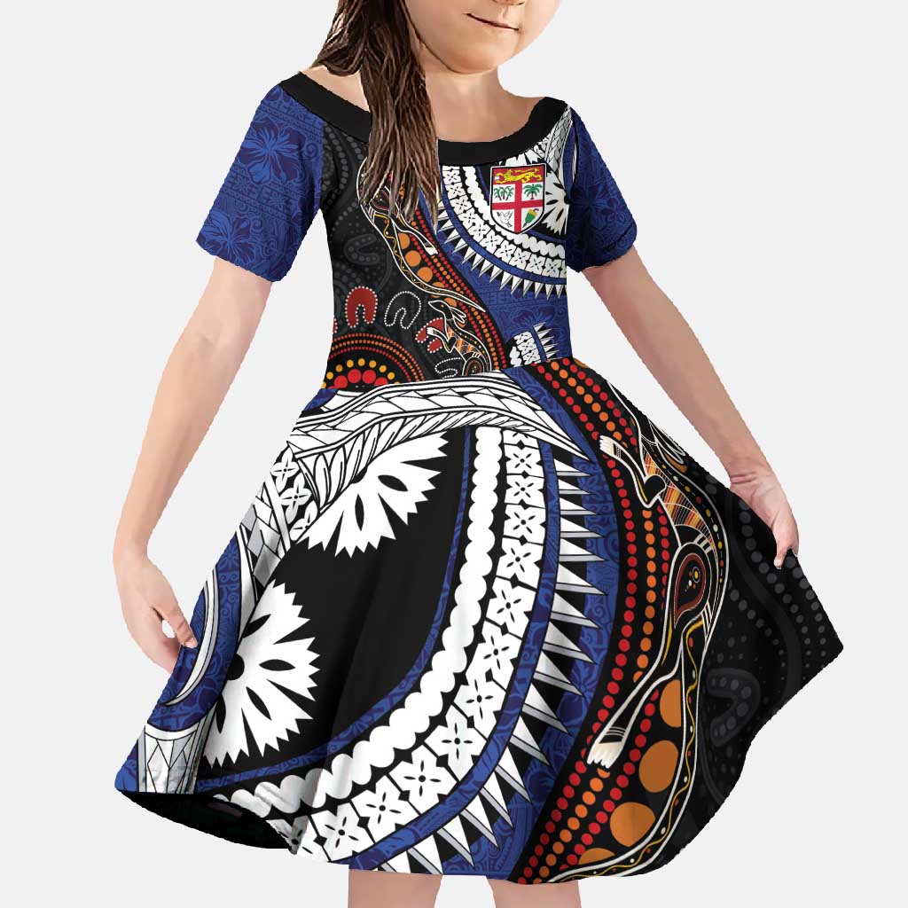 Fiji and Australia Together Family Matching Off Shoulder Maxi Dress and Hawaiian Shirt Kangaroo Aboriginal with Tribal Tapa Hibiscus Half Style - Polynesian Pride