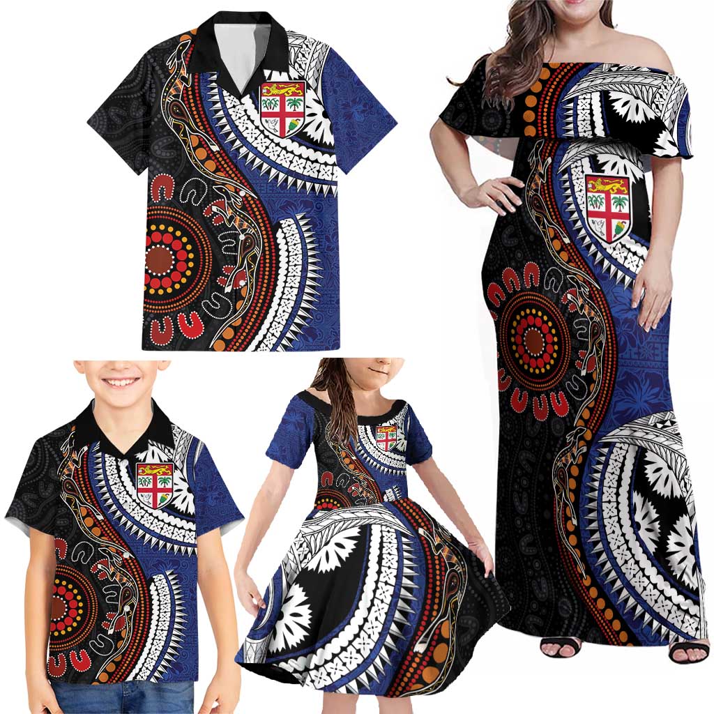 Fiji and Australia Together Family Matching Off Shoulder Maxi Dress and Hawaiian Shirt Kangaroo Aboriginal with Tribal Tapa Hibiscus Half Style - Polynesian Pride