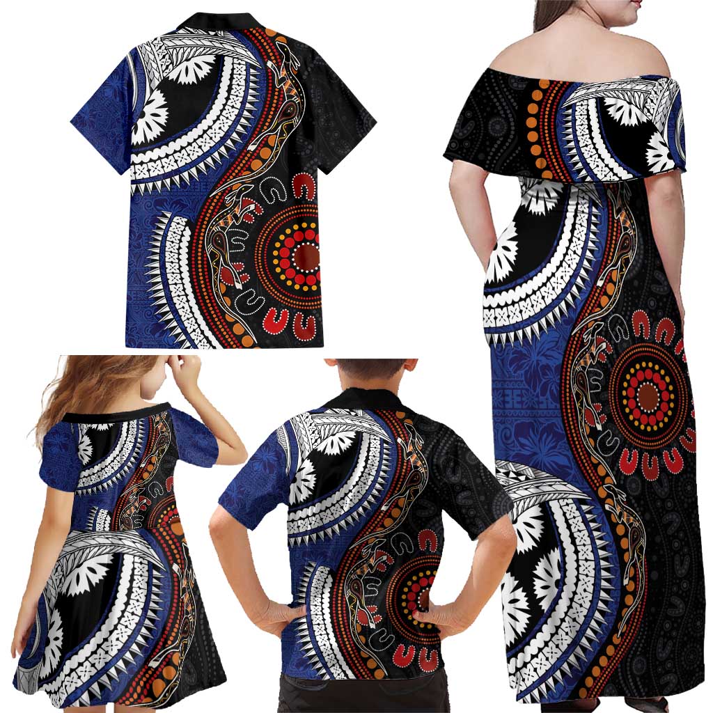 Fiji and Australia Together Family Matching Off Shoulder Maxi Dress and Hawaiian Shirt Kangaroo Aboriginal with Tribal Tapa Hibiscus Half Style - Polynesian Pride