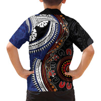 Fiji and Australia Together Family Matching Off Shoulder Short Dress and Hawaiian Shirt Kangaroo Aboriginal with Tribal Tapa Hibiscus Half Style - Polynesian Pride