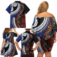 Fiji and Australia Together Family Matching Off Shoulder Short Dress and Hawaiian Shirt Kangaroo Aboriginal with Tribal Tapa Hibiscus Half Style - Polynesian Pride