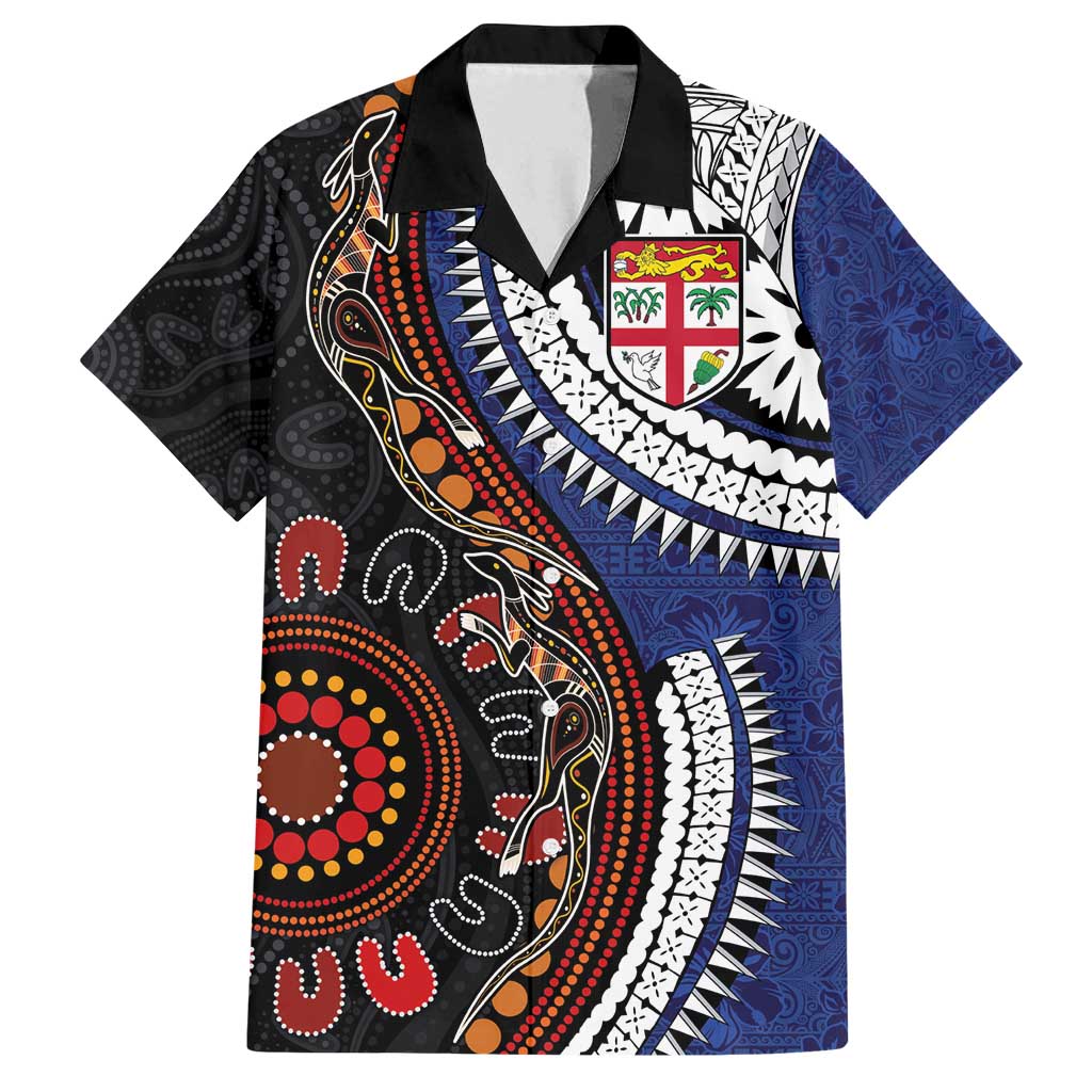 Fiji and Australia Together Family Matching Off Shoulder Short Dress and Hawaiian Shirt Kangaroo Aboriginal with Tribal Tapa Hibiscus Half Style - Polynesian Pride