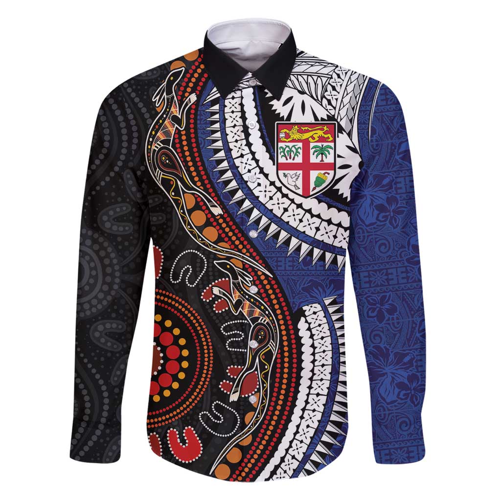 Fiji and Australia Together Family Matching Puletasi and Hawaiian Shirt Kangaroo Aboriginal with Tribal Tapa Hibiscus Half Style - Polynesian Pride