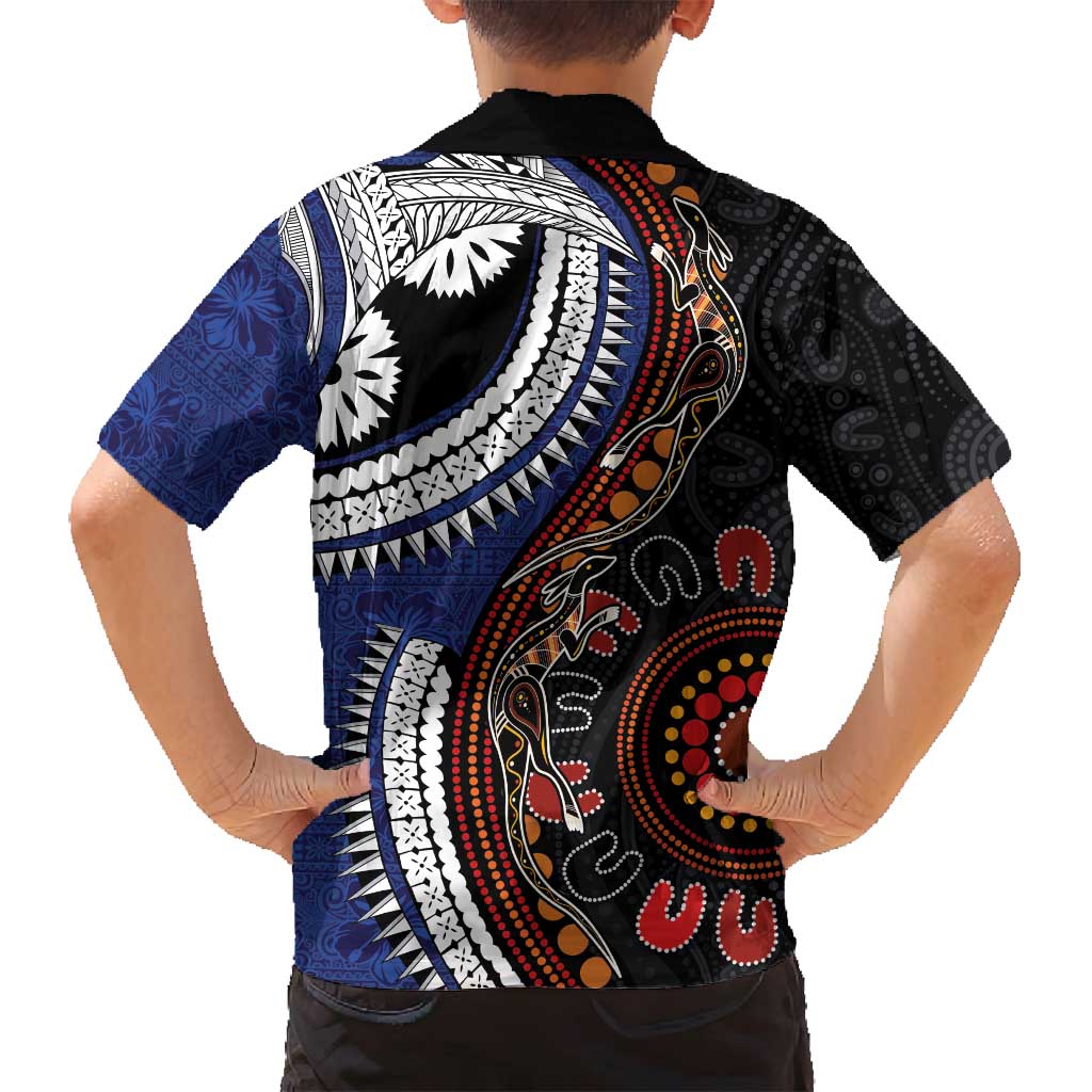 Fiji and Australia Together Family Matching Summer Maxi Dress and Hawaiian Shirt Kangaroo Aboriginal with Tribal Tapa Hibiscus Half Style - Polynesian Pride