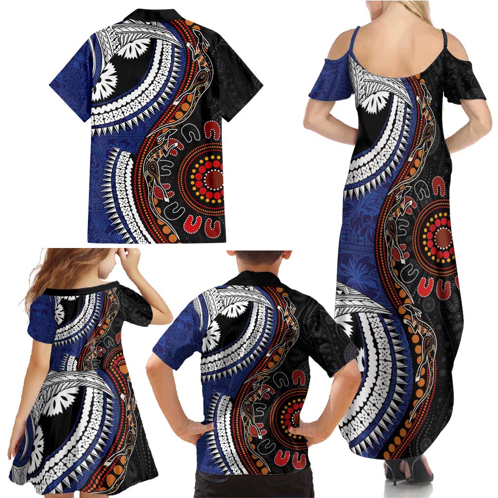 Fiji and Australia Together Family Matching Summer Maxi Dress and Hawaiian Shirt Kangaroo Aboriginal with Tribal Tapa Hibiscus Half Style - Polynesian Pride