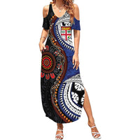 Fiji and Australia Together Family Matching Summer Maxi Dress and Hawaiian Shirt Kangaroo Aboriginal with Tribal Tapa Hibiscus Half Style - Polynesian Pride