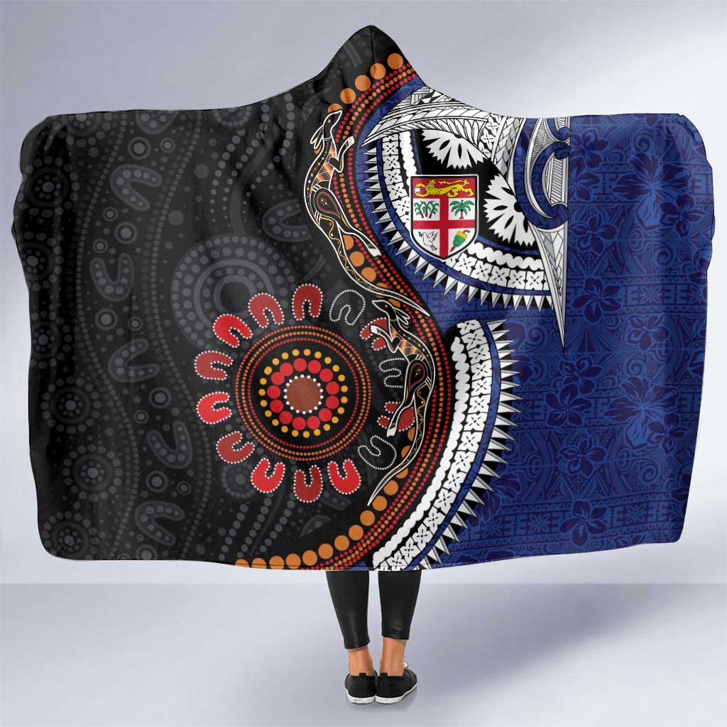 Fiji and Australia Together Hooded Blanket Kangaroo Aboriginal with Tribal Tapa Hibiscus Half Style - Polynesian Pride