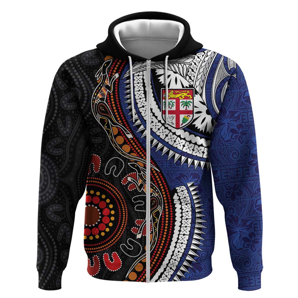 Fiji and Australia Together Hoodie Kangaroo Aboriginal with Tribal Tapa Hibiscus Half Style - Polynesian Pride