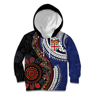 Fiji and Australia Together Kid Hoodie Kangaroo Aboriginal with Tribal Tapa Hibiscus Half Style - Polynesian Pride