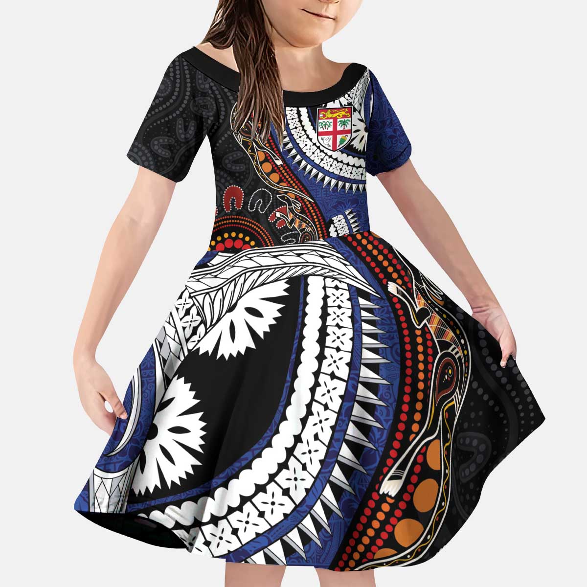 Fiji and Australia Together Kid Short Sleeve Dress Kangaroo Aboriginal with Tribal Tapa Hibiscus Half Style - Polynesian Pride