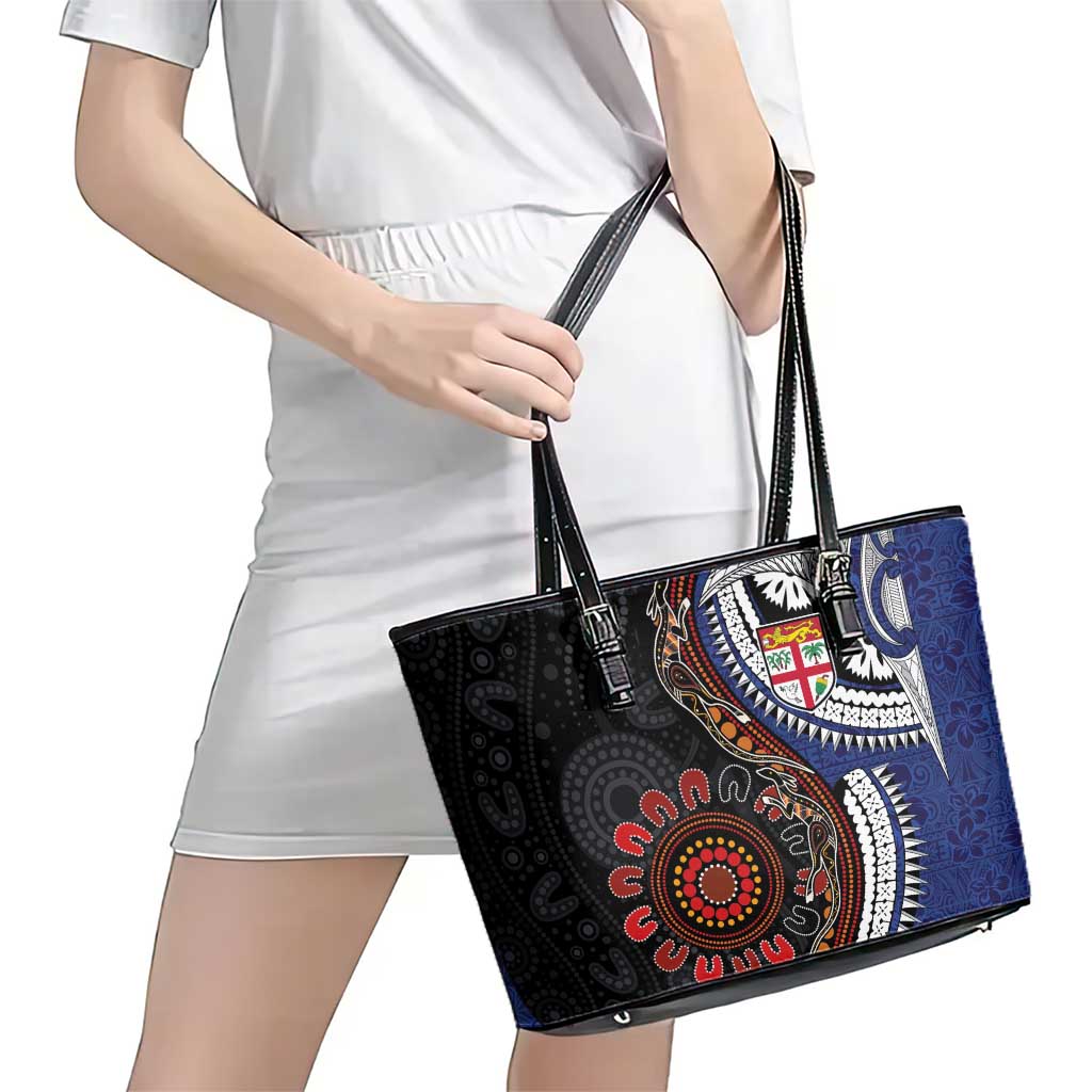 Fiji and Australia Together Leather Tote Bag Kangaroo Aboriginal with Tribal Tapa Hibiscus Half Style - Polynesian Pride