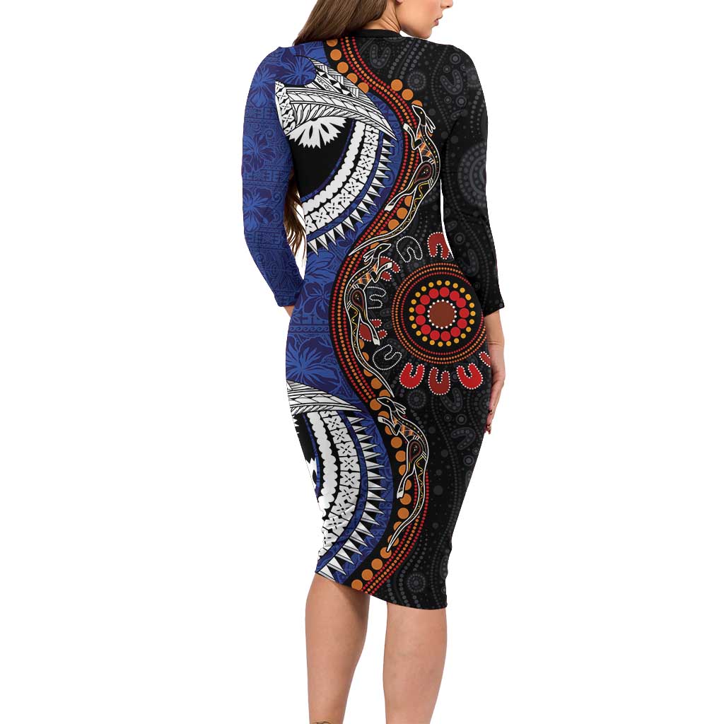 Fiji and Australia Together Long Sleeve Bodycon Dress Kangaroo Aboriginal with Tribal Tapa Hibiscus Half Style - Polynesian Pride