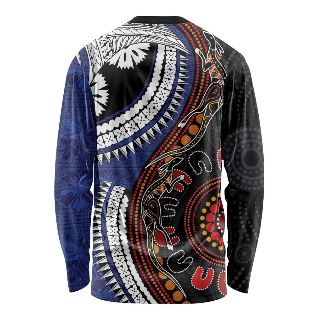 Fiji and Australia Together Long Sleeve Shirt Kangaroo Aboriginal with Tribal Tapa Hibiscus Half Style - Polynesian Pride
