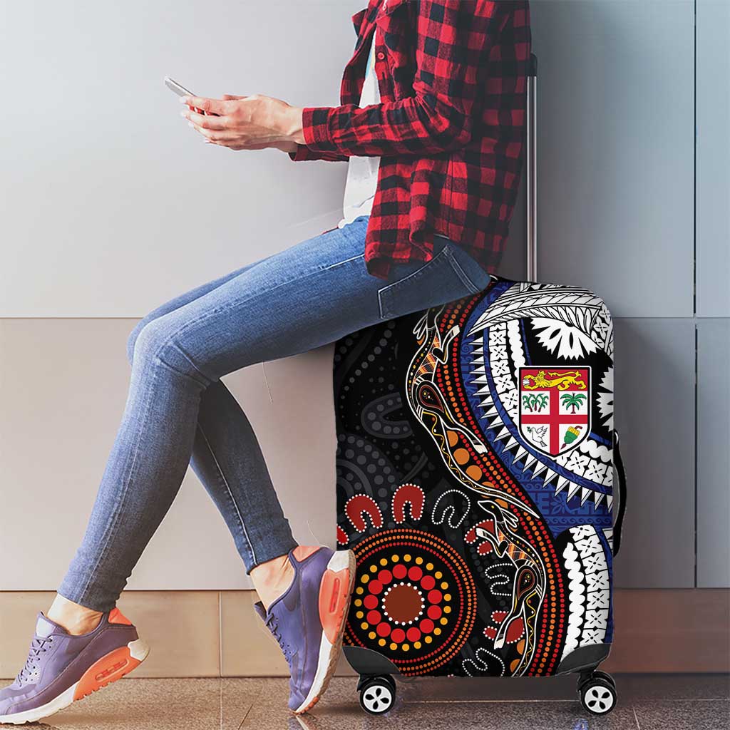 Fiji and Australia Together Luggage Cover Kangaroo Aboriginal with Tribal Tapa Hibiscus Half Style - Polynesian Pride