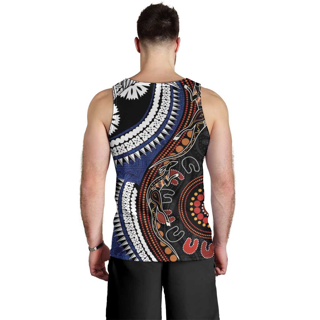Fiji and Australia Together Men Tank Top Kangaroo Aboriginal with Tribal Tapa Hibiscus Half Style - Polynesian Pride