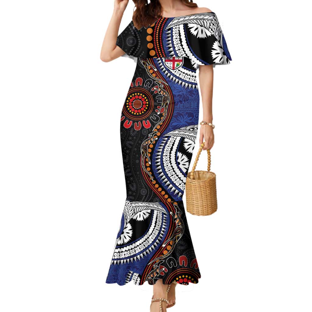 Fiji and Australia Together Mermaid Dress Kangaroo Aboriginal with Tribal Tapa Hibiscus Half Style - Polynesian Pride