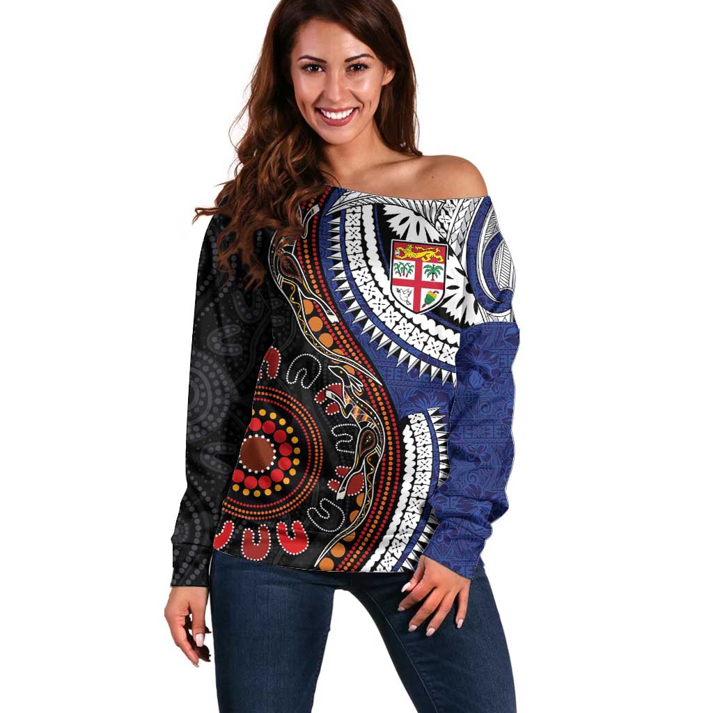 Fiji and Australia Together Off Shoulder Sweater Kangaroo Aboriginal with Tribal Tapa Hibiscus Half Style - Polynesian Pride