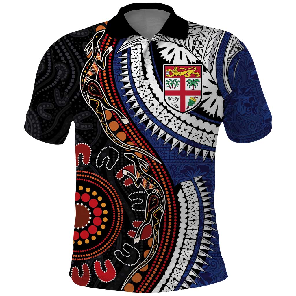 Fiji and Australia Together Polo Shirt Kangaroo Aboriginal with Tribal Tapa Hibiscus Half Style - Polynesian Pride