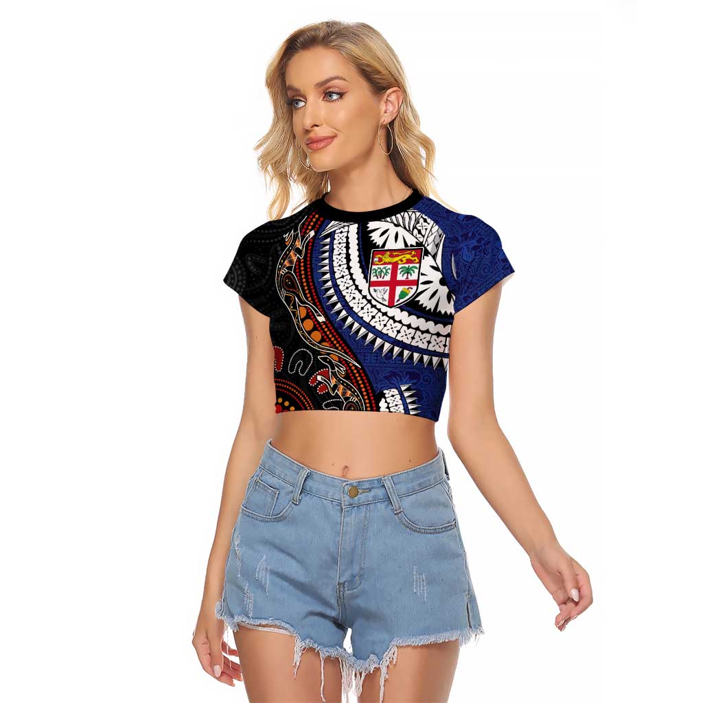 Fiji and Australia Together Raglan Cropped T Shirt Kangaroo Aboriginal with Tribal Tapa Hibiscus Half Style - Polynesian Pride