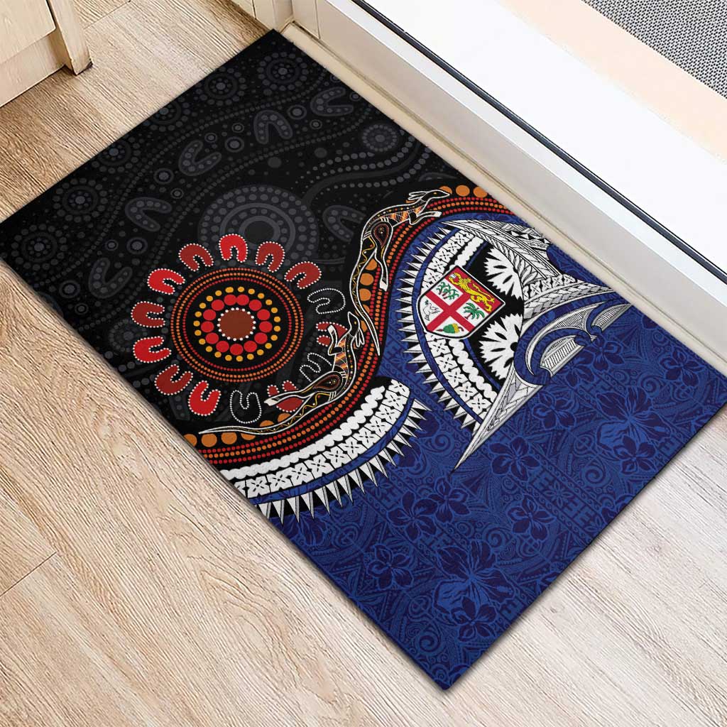 Fiji and Australia Together Rubber Doormat Kangaroo Aboriginal with Tribal Tapa Hibiscus Half Style - Polynesian Pride